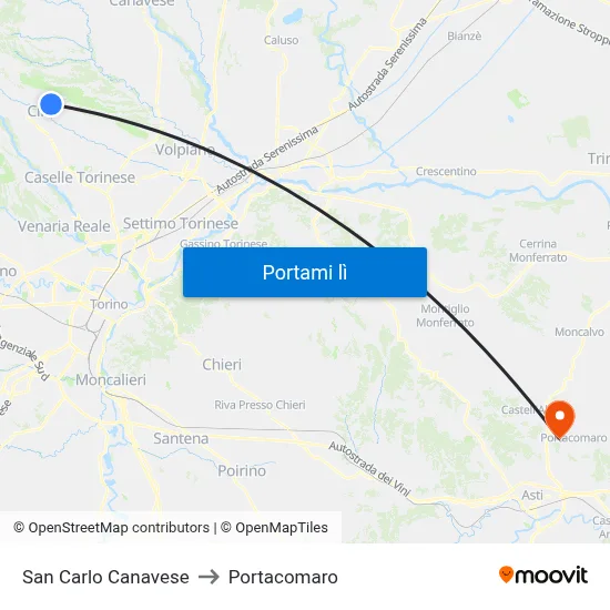 San Carlo Canavese to Portacomaro map