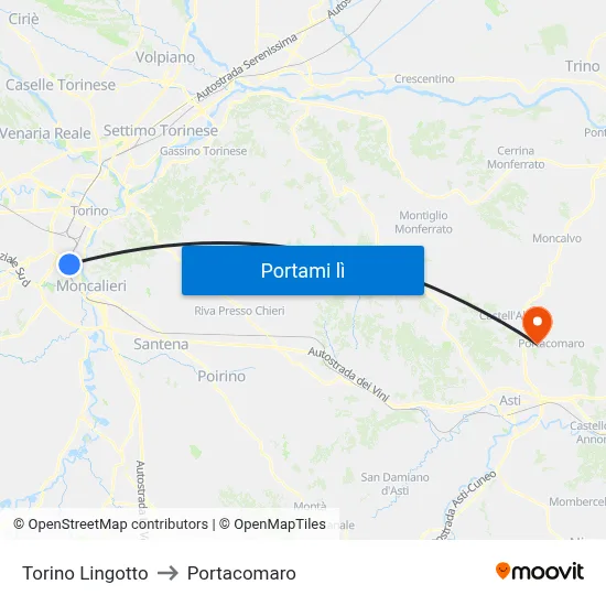 Torino Lingotto to Portacomaro map