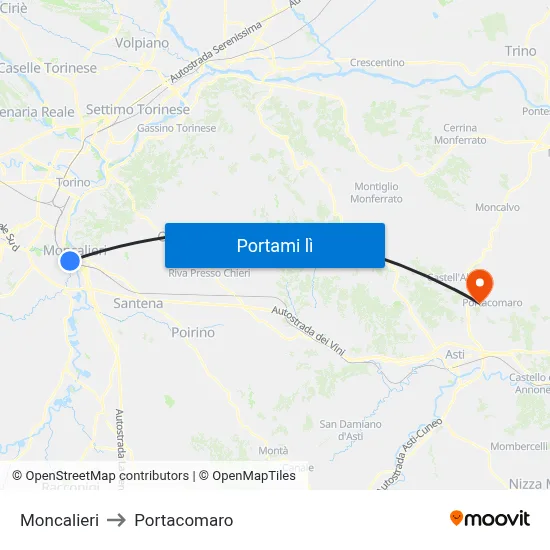 Moncalieri to Portacomaro map