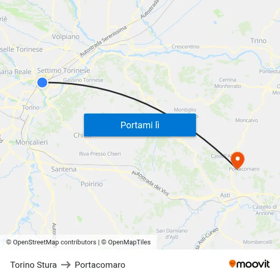 Torino Stura to Portacomaro map