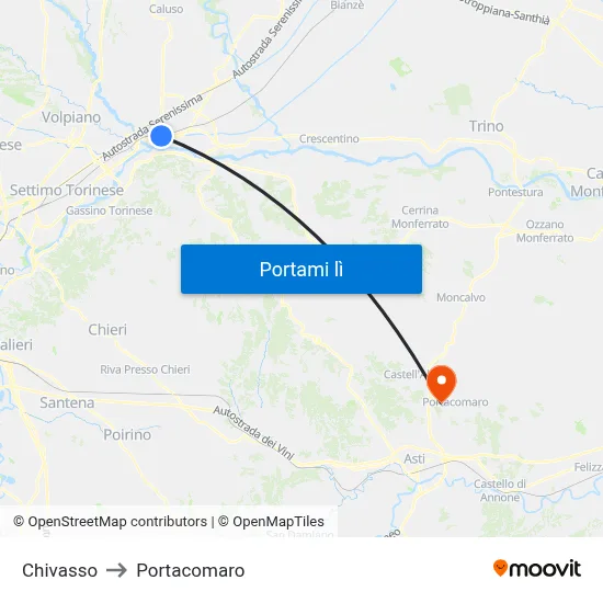 Chivasso to Portacomaro map