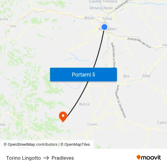 Torino Lingotto to Pradleves map