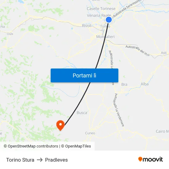 Torino Stura to Pradleves map