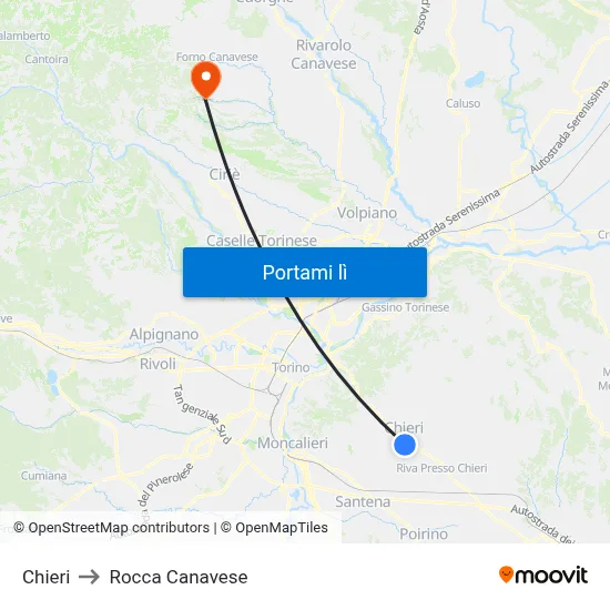 Chieri to Rocca Canavese map