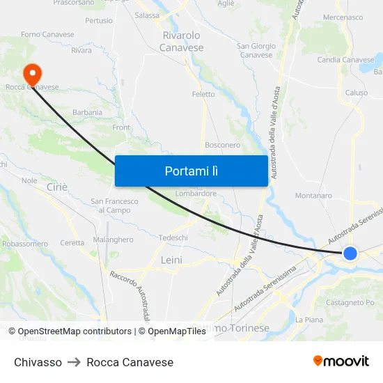 Chivasso to Rocca Canavese map