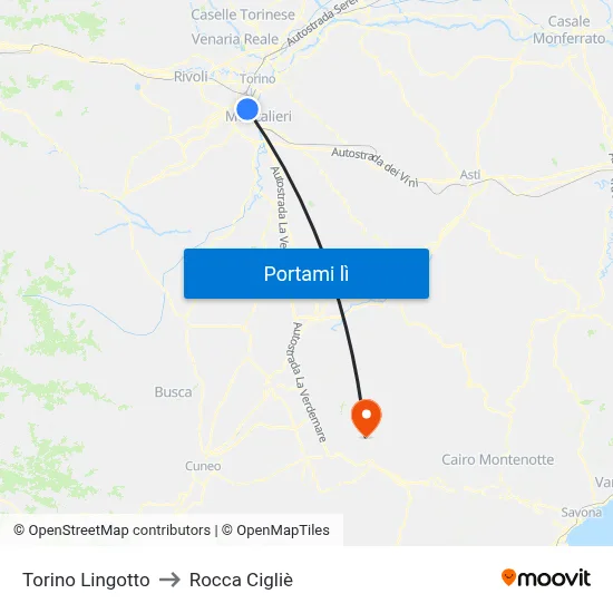 Torino Lingotto to Rocca Cigliè map