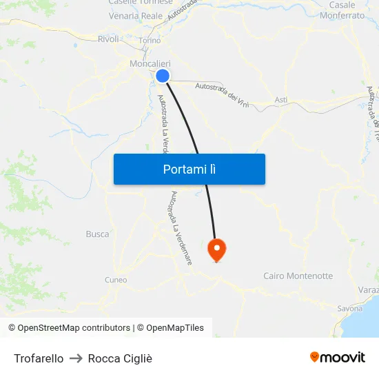 Trofarello to Rocca Cigliè map