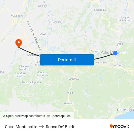 Cairo Montenotte to Rocca De' Baldi map