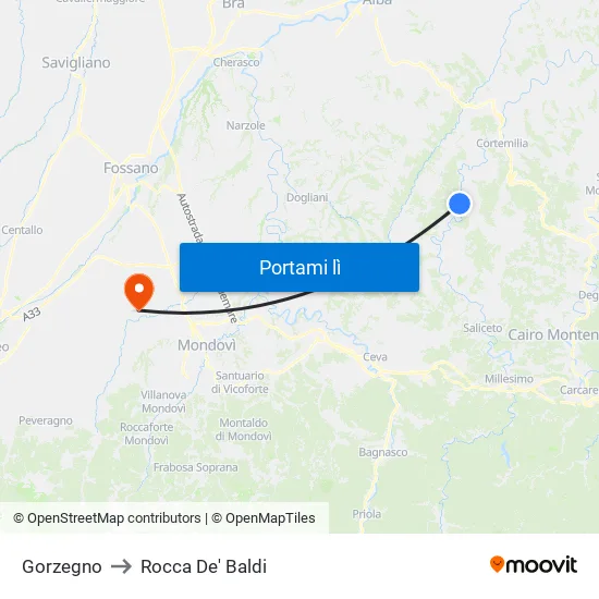 Gorzegno to Rocca De' Baldi map