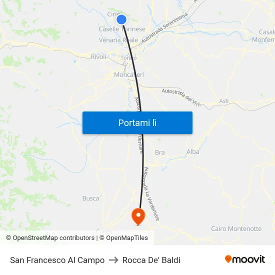 San Francesco Al Campo to Rocca De' Baldi map