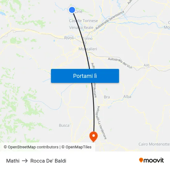 Mathi to Rocca De' Baldi map