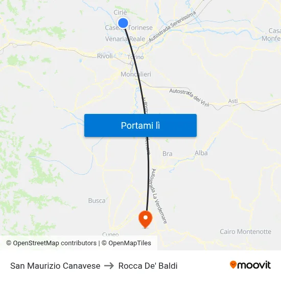 San Maurizio Canavese to Rocca De' Baldi map