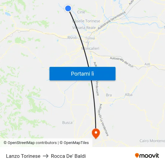 Lanzo Torinese to Rocca De' Baldi map