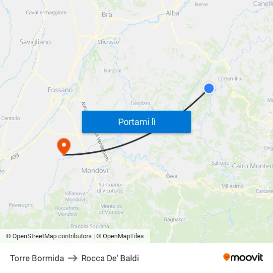 Torre Bormida to Rocca De' Baldi map