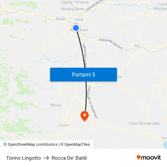Torino Lingotto to Rocca De' Baldi map