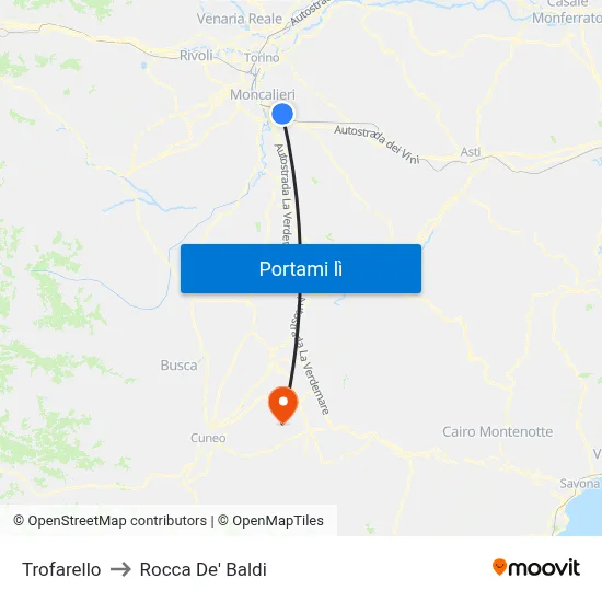Trofarello to Rocca De' Baldi map