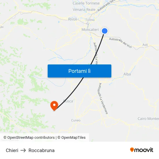 Chieri to Roccabruna map