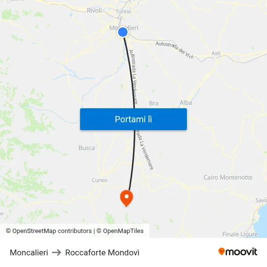 Moncalieri to Roccaforte Mondovì map