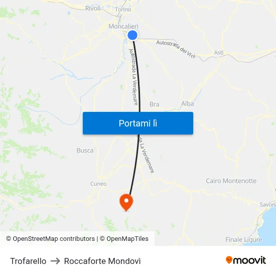 Trofarello to Roccaforte Mondovì map