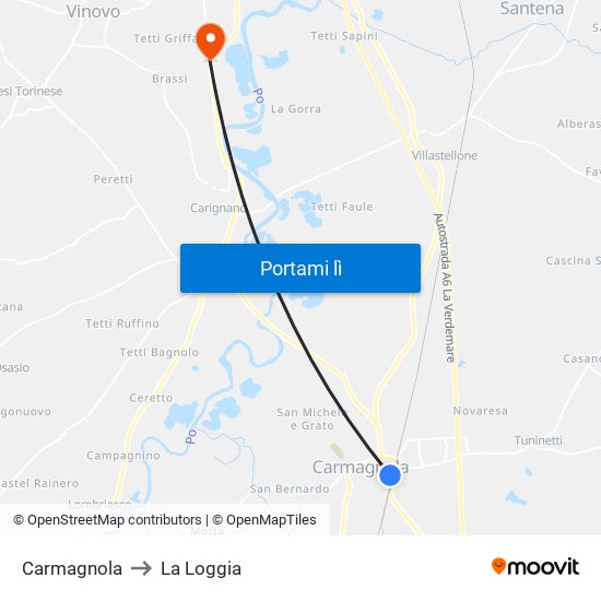 Carmagnola to La Loggia map