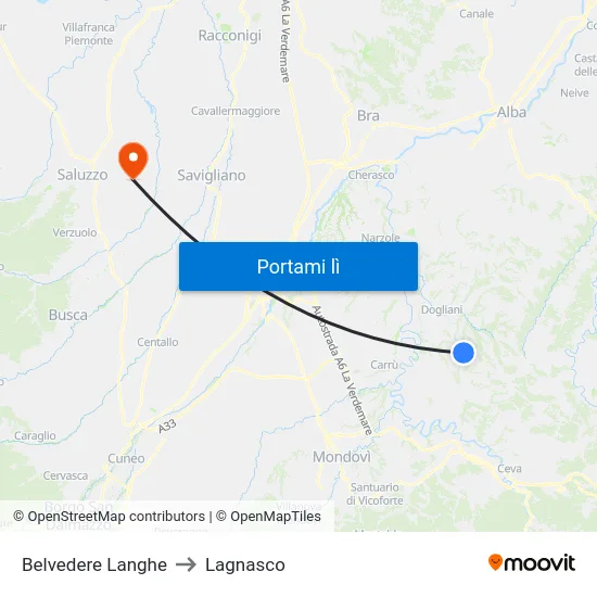 Belvedere Langhe to Lagnasco map