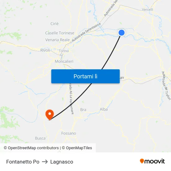 Fontanetto Po to Lagnasco map