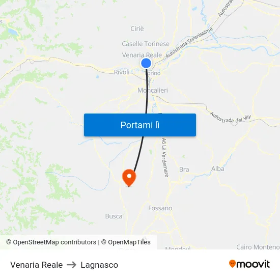 Venaria Reale to Lagnasco map