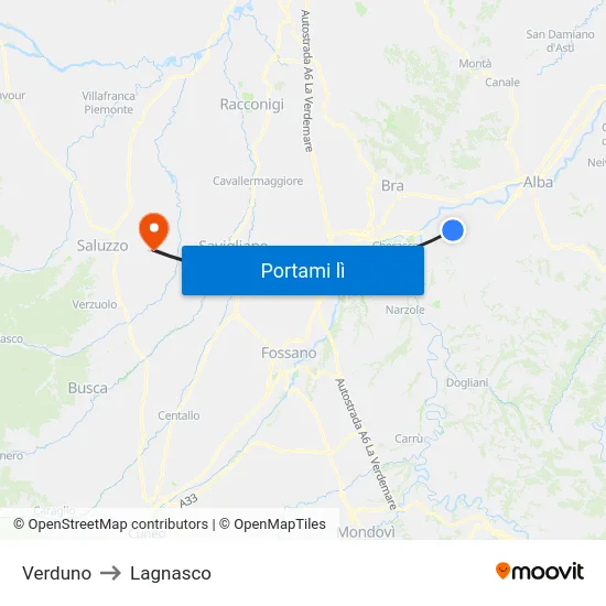 Verduno to Lagnasco map