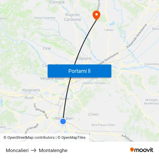 Moncalieri to Montalenghe map