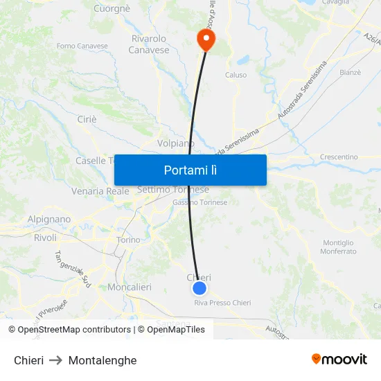 Chieri to Montalenghe map