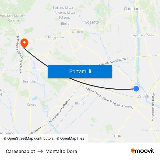 Caresanablot to Montalto Dora map