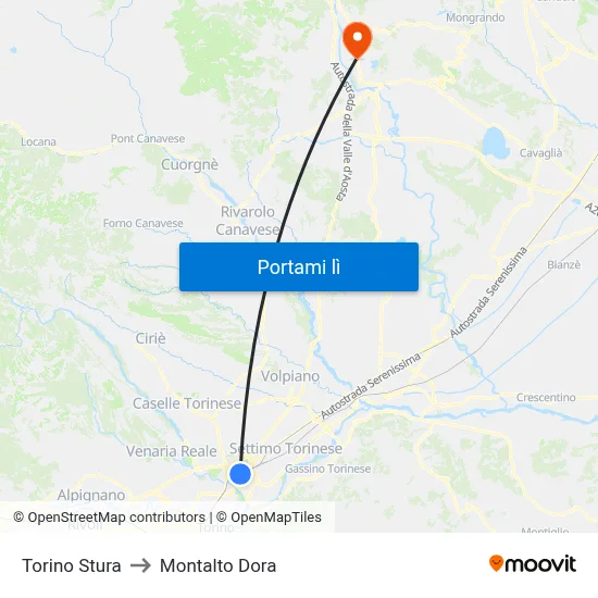 Torino Stura to Montalto Dora map