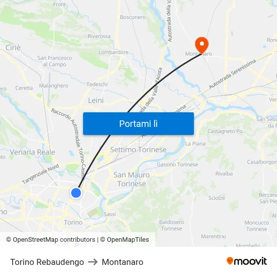 Torino Rebaudengo to Montanaro map