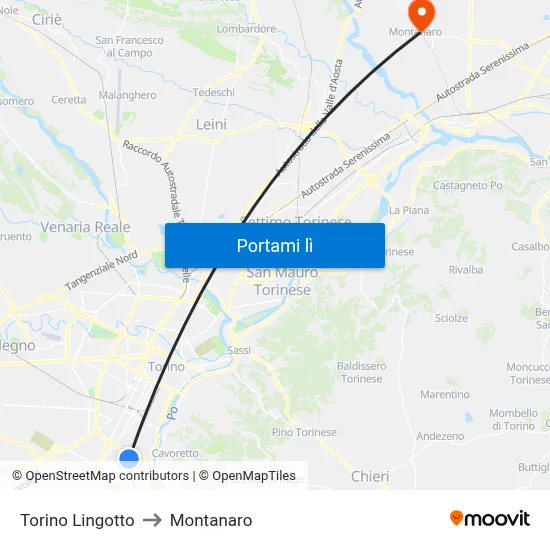 Torino Lingotto to Montanaro map