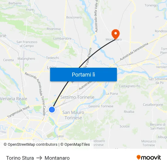 Torino Stura to Montanaro map