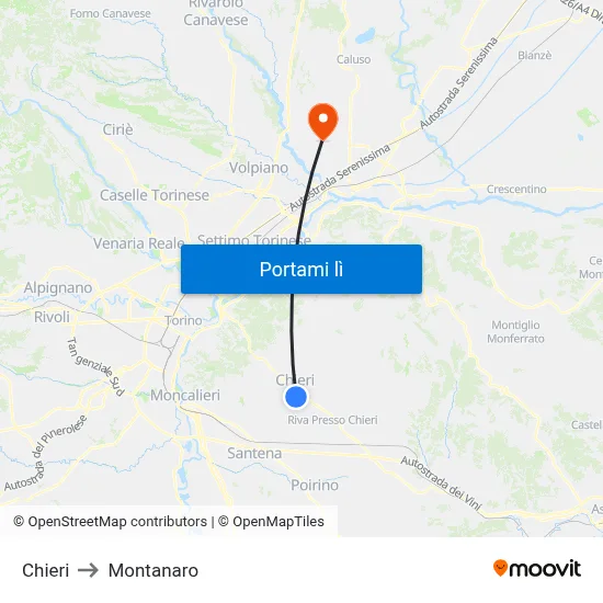 Chieri to Montanaro map