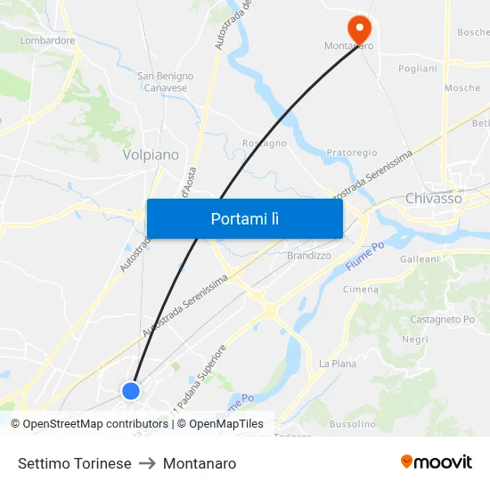 Settimo Torinese to Montanaro map
