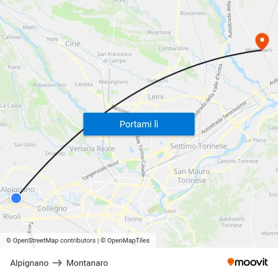 Alpignano to Montanaro map