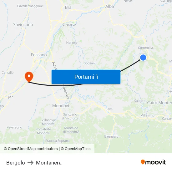 Bergolo to Montanera map