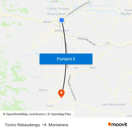 Torino Rebaudengo to Montanera map
