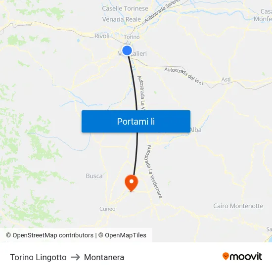 Torino Lingotto to Montanera map