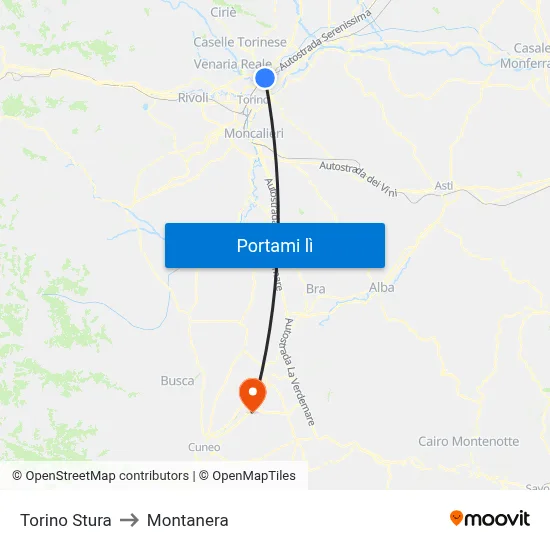 Torino Stura to Montanera map