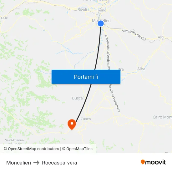 Moncalieri to Roccasparvera map