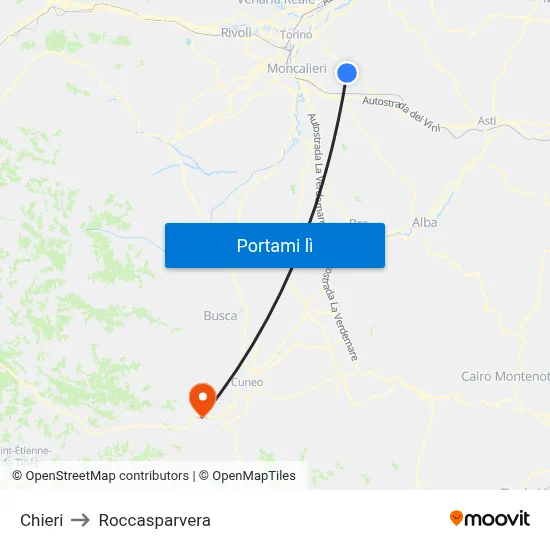 Chieri to Roccasparvera map