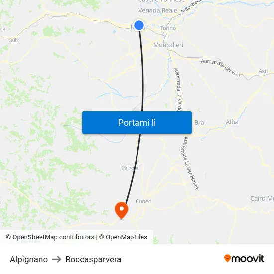 Alpignano to Roccasparvera map