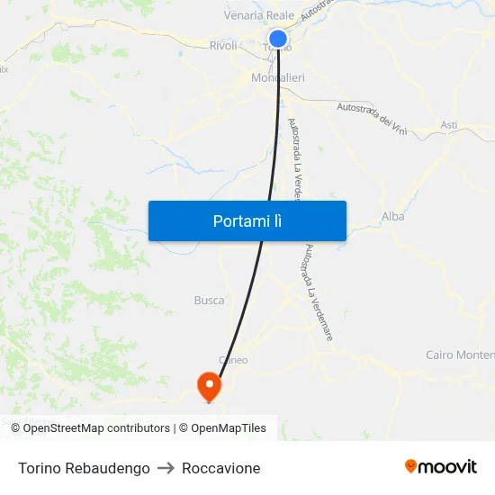 Torino Rebaudengo to Roccavione map