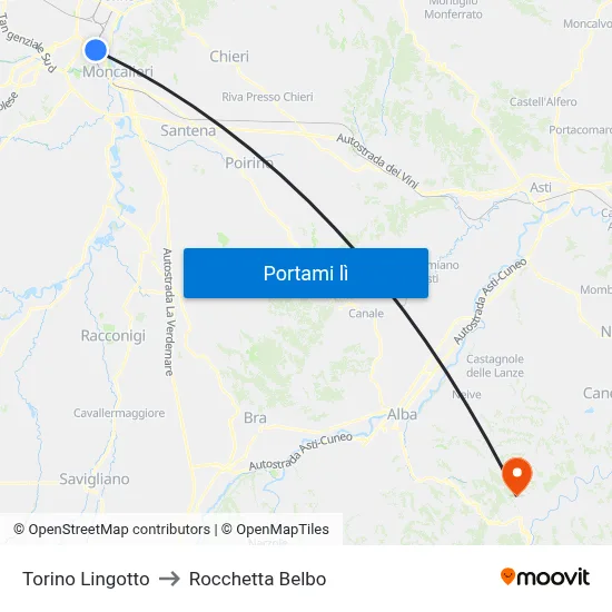 Torino Lingotto to Rocchetta Belbo map