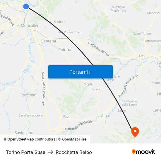 Torino Porta Susa to Rocchetta Belbo map