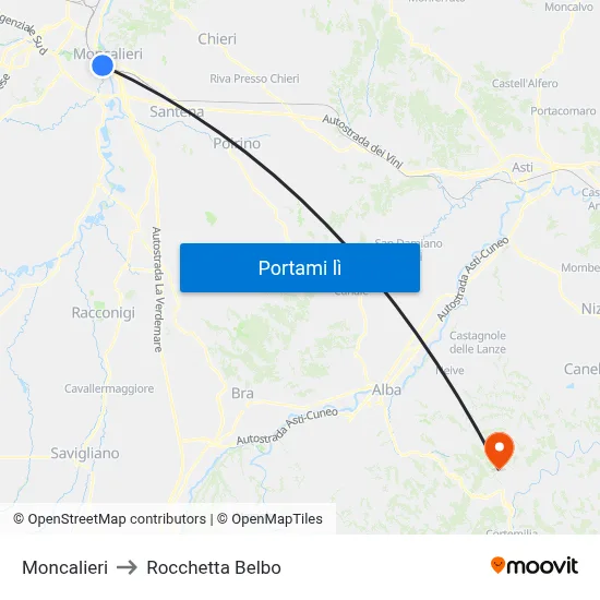 Moncalieri to Rocchetta Belbo map