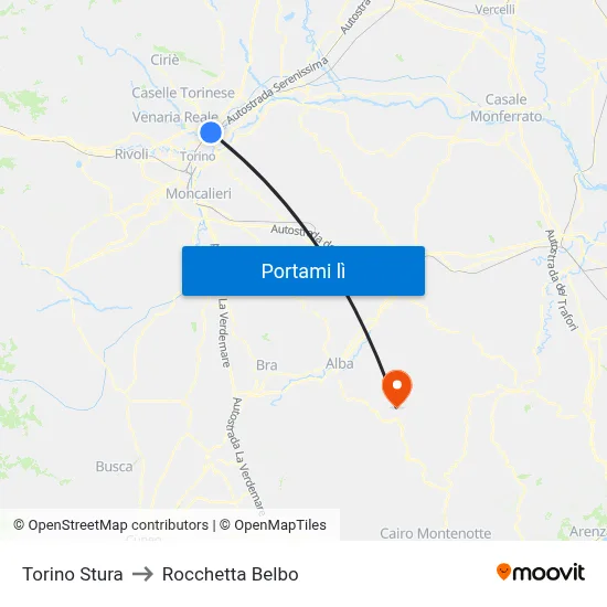 Torino Stura to Rocchetta Belbo map